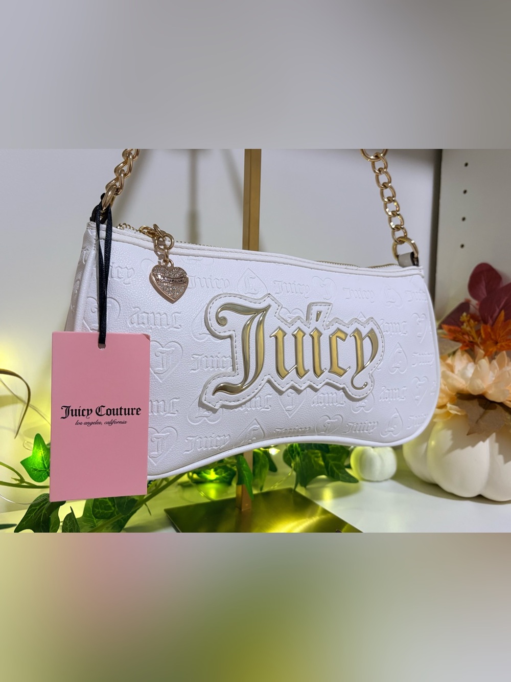 Juicy Couture White & Gold Shoulder Bag with Gold Logo & Heart CharmNWT